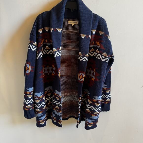 Lucky Brand Aztec Sweater Womens Large Navy Tribal Open Front Boho Shawl Collar - Picture 1 of 11